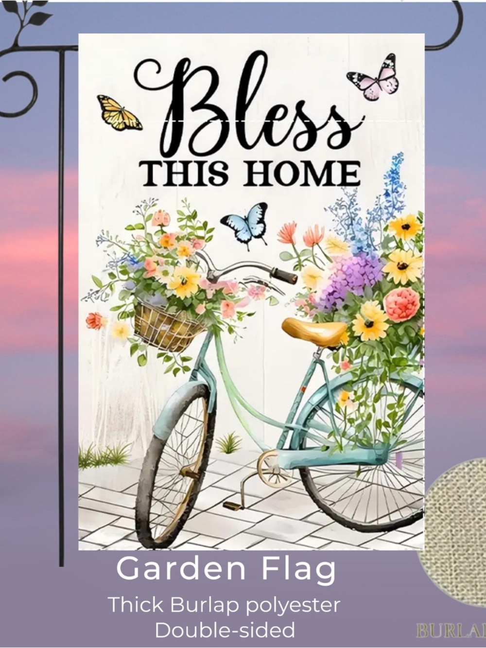 Bless This Home Garden Flag, approx 12”x18”, burlap double sided
